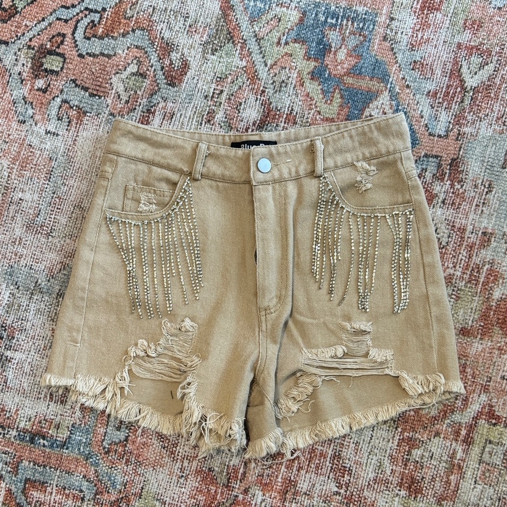 Ripped Tan Denim Shorts with Fringe Detail